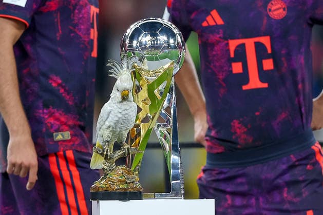 22.08.2026, Fußball, Borussia Dortmund - FC Bayern München, Signal Iduna Park, Saison 2026 2027: Kakadu neben Pokal DFB regulations prohibit any use of photographs as image sequences and or quasi-video. Nordrhein-Westfalen Deutschland *** August 22, 2026, Soccer, Borussia Dortmund vs. FC Bayern Munich, Signal Iduna Park, 2026–2027 Season. Kakadu next to the DFB Cup. Regulations prohibit any use of photographs as image sequences and or quasi-video. North Rhine-Westphalia, Germany