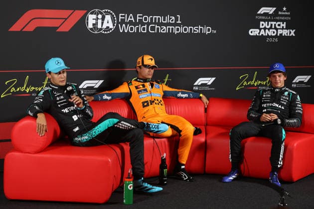 F1 Grand Prix Of The Netherlands 2026 Qualifying George Russell of Mercedes, Lando Norris of McLaren and Andrea Kimi Antonelli of Mercedes during the press conference, PK, Pressekonferenz after qualifying ahead of the Formula 1 Grand Prix of The Netherlands at Circuit Zandvoort in Zandvoort, Netherlands on August 22, 2026. Zandvoort Netherlands  Copyright: xJakubxPorzyckix originalFilename:porzycki-f1grandp260822_npbsN.jpg