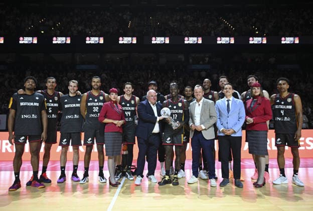 Germany v Croatia - Turkish Airlines Supercup 2026 HAMBURG, GERMANY - AUGUST 22: Players of Germany pose with trophy after defeating Croatia during the Turkish Airlines Basketball Supercup 2026 match between Germany and Croatia at Barclays Arena in Hamburg, Germany, on August 22, 2026. Halil Sagirkaya Anadolu Hamburg Germany. Editorial use only. Please get in touch for any other usage.  Copyright: x2026xAnadoluxHalilxSagirkayax