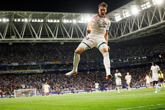 Carlos Espi seen celebrating after scoring goal during LaLiga EASPORTS 2026 2027 game between teams of RCD Espanyol de Barcelona and Real Madrid FC at RCDE Stadium (Maciej Rogowski Ball Raw Images) Barcelona RCDE Stadium Spain Copyright: xMaciejxRogowskix maciejrogowski_espanyol_realm_2627-10