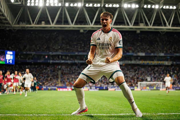 Carlos Espi seen celebrating after scoring goal during LaLiga EASPORTS 2026 2027 game between teams of RCD Espanyol de Barcelona and Real Madrid FC at RCDE Stadium (Maciej Rogowski Ball Raw Images) Barcelona RCDE Stadium Spain Copyright: xMaciejxRogowskix maciejrogowski_espanyol_realm_2627-15