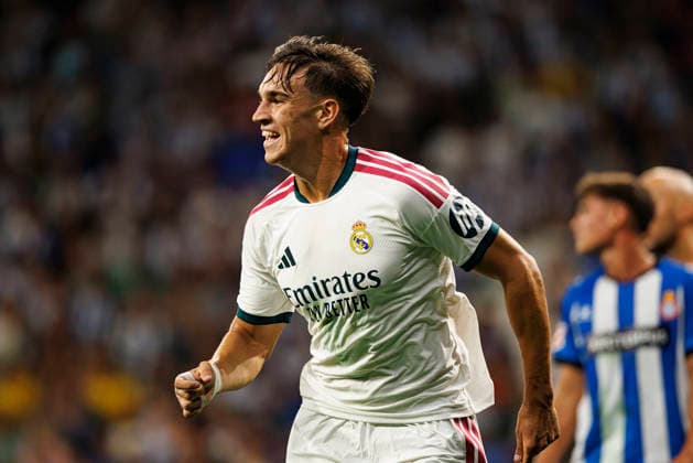 Carlos Espi seen celebrating after scoring goal during LaLiga EASPORTS 2026 2027 game between teams of RCD Espanyol de Barcelona and Real Madrid FC at RCDE Stadium (Maciej Rogowski Ball Raw Images) Barcelona RCDE Stadium Spain Copyright: xMaciejxRogowskix maciejrogowski_espanyol_realm_2627
