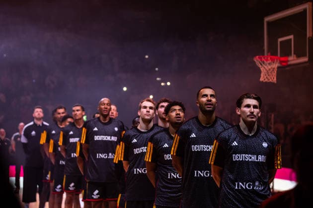 22.08.2026, GER, Turkish Airlines Supercup 2026, Hamburg, Finale, Deutschland-Kroatien Team Deutschland bei der Nationalhymne Hamburg Barclays Arena Hamburg Deutschland *** August 22, 2026, GER, 2026 Turkish Airlines Super Cup, Hamburg, Final, Germany vs. Croatia; Team Germany during the national anthem; Hamburg Barclays Arena, Hamburg, Germany