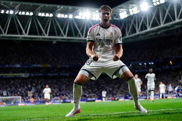 RCD Espanyol de Barcelona v Real Madrid - LaLiga EA Sports 2026 27 Carlos Espi centre-forward of Real Madrid and Spain celebrates after scoring his sides first goal during the La Liga EA Sports 2026 27 match between RCD Espanyol de Barcelona and Real Madrid at RCDE Stadium on August 22, 2026 in Barcelona, Spain. Barcelona Spain  Copyright: xJosexBretonx originalFilename:bretonhernandez-rcdespan260822_npRc4.jpg