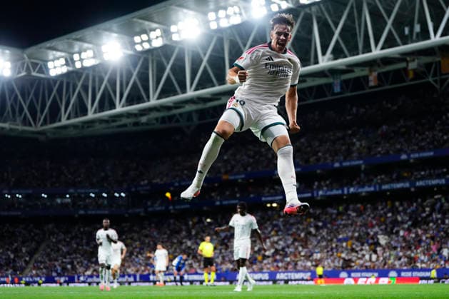 RCD Espanyol de Barcelona v Real Madrid - LaLiga EA Sports 2026 27 Carlos Espi centre-forward of Real Madrid and Spain celebrates after scoring his sides first goal during the La Liga EA Sports 2026 27 match between RCD Espanyol de Barcelona and Real Madrid at RCDE Stadium on August 22, 2026 in Barcelona, Spain. Barcelona Spain  Copyright: xJosexBretonx originalFilename:bretonhernandez-rcdespan260822_npdNm.jpg