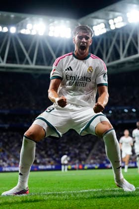 RCD Espanyol de Barcelona v Real Madrid - LaLiga EA Sports 2026 27 Carlos Espi centre-forward of Real Madrid and Spain celebrates after scoring his sides first goal during the La Liga EA Sports 2026 27 match between RCD Espanyol de Barcelona and Real Madrid at RCDE Stadium on August 22, 2026 in Barcelona, Spain. Barcelona Spain  Copyright: xJosexBretonx originalFilename:bretonhernandez-rcdespan260822_npLVf.jpg
