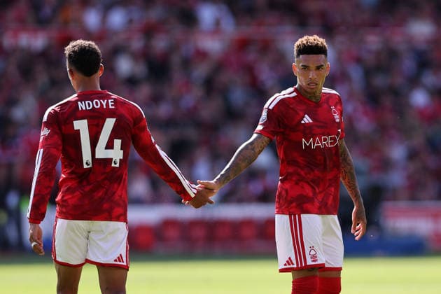 Nottingham, England, 22nd August 2026. Dan Ndoye of Nottingham Forest with Igor Jesus of Nottingham Forest during the Nottingham Forest vs Leeds United Premier League match at the City Ground, Nottingham. Picture credit should read: David Klein Sportimage EDITORIAL USE ONLY. No use with unauthorised audio, video, data, fixture lists, club league logos or live services. Online in-match use limited to 120 images, no video emulation. No use in betting, games or single club league player publications. SPI_060_DK_Forest_Leeds SPI-4934-0059