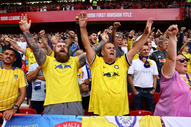 Nottingham, England, 22nd August 2026. Leeds fans during the Nottingham Forest vs Leeds United Premier League match at the City Ground, Nottingham. Picture credit should read: David Klein Sportimage EDITORIAL USE ONLY. No use with unauthorised audio, video, data, fixture lists, club league logos or live services. Online in-match use limited to 120 images, no video emulation. No use in betting, games or single club league player publications. SPI_107_DK_Forest_Leeds SPI-4934-0106