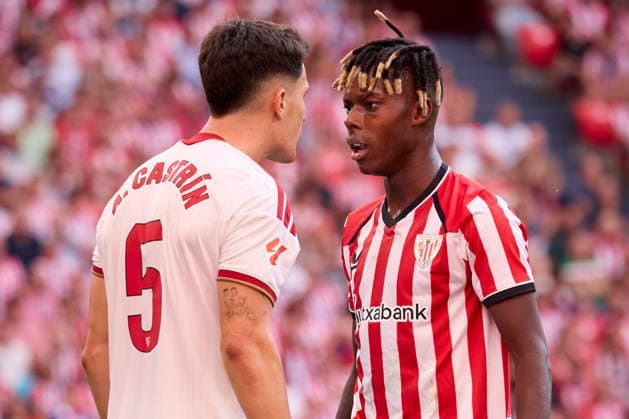 Athletic Club de Bilbao v Sevilla FC - LaLiga EA Sports 2026 27 BILBAO, SPAIN - AUGUST 22: Nico Williams of Athletic Club Bilbao argues with A. Castrin of Sevilla during the LaLiga EA Sports 2026 27 match between Athletic Club de Bilbao and Sevilla FC at Estadio de San Mames on August 22, 2026 in Bilbao, Spain. (Photo by Marcos Calvo Photo Players Images Magara Press) Bilbao Estadio San Mames Spain Copyright: xMarcosxCalvox