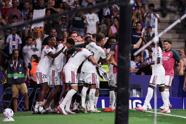 August 22, 2026, Cornella, Barcelona, SPAIN: Carlos Espi of Real Madrid CF celebrates a goal with teammates during the Spanish league, LaLiga EA Sports, football match played between RCD Espanyol and Real Madrid CF at RCDE Stadium on August 22, 2026 in Cornella, Spain. RCD Espanyol V Real Madrid CF - LaLiga EA Sports  - ZUMAa181 20260822_zaa_a181_302 Copyright: xJavierxBorregox