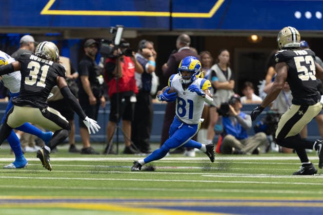 INGLEWOOD, CA - AUGUST 22: Brennan Presley 81 of the Los Angeles Rams carries the ball during an NFL, American Football Herren, USA preseason game between the New Orleans Saints and the Los Angeles Rams on August 22, 2026, at SoFi Stadium in Inglewood, California. (Photo by Greg Fiore Icon Sportswire) NFL: AUG 22 Saints at Rams EDITORIAL USE ONLY Icon2608220396