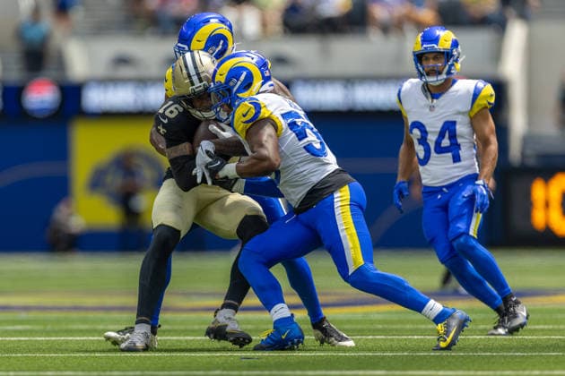 INGLEWOOD, CA - AUGUST 22: Bub Means 16 of the New Orleans Saints is tackled by Elias Neal 58 of the Los Angeles Rams during an NFL, American Football Herren, USA preseason game between the New Orleans Saints and the Los Angeles Rams on August 22, 2026, at SoFi Stadium in Inglewood, California. (Photo by Greg Fiore Icon Sportswire) NFL: AUG 22 Saints at Rams EDITORIAL USE ONLY Icon2608220528