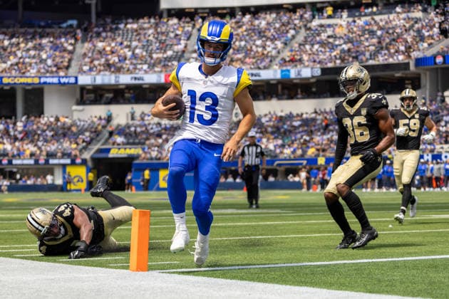 INGLEWOOD, CA - AUGUST 22: Stetson Bennett IV 13 of the Los Angeles Rams runs the ball in for a touchdown in the second quarter of an NFL, American Football Herren, USA preseason game between the New Orleans Saints and the Los Angeles Rams on August 22, 2026, at SoFi Stadium in Inglewood, California. (Photo by Greg Fiore Icon Sportswire) NFL: AUG 22 Saints at Rams EDITORIAL USE ONLY Icon2608221450