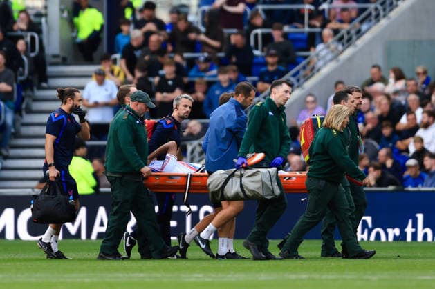 Liverpool, England, 22nd August 2026. Chadi Riad of Crystal Palace is carried off after an injury during the Everton vs Crystal Palace Premier League match at Hill Dickinson Stadium, Liverpool. Picture credit should read: Jessica Hornby Sportimage EDITORIAL USE ONLY. No use with unauthorised audio, video, data, fixture lists, club league logos or live services. Online in-match use limited to 120 images, no video emulation. No use in betting, games or single club league player publications. SPI_124_JH_EVERTON_CRYSTAL_PALACE SPI-4926-0124