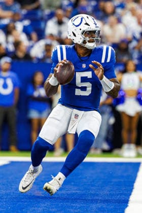 Aug 22, 2026; Indianapolis, Indiana, USA; Indianapolis Colts quarterback Anthony Richardson (5) sets in the pocket during NFL, American Football Herren, USA game action against the Atlanta Falcons at Lucas Oil Stadium. Mandatory Credit: -Cal Media Indianapolis USA - ZUMAc04_ 20260822_zma_c04_024 Copyright: xJohnxMersitsx