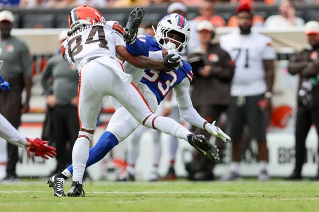 CLEVELAND, OH - AUGUST 22: Buffalo Bills cornerback Te cory Couch (33) is tackled by Cleveland Browns wide receiver Gage Larvadain (84) after making an interception during the third quarter of the National Football League preseason game between the Buffalo Bills and Cleveland Browns on August 22, 2026, at Huntington Bank Field in Cleveland, OH. (Photo by Frank Jansky Icon Sportswire) NFL, American Football Herren, USA AUG 22 Bills at Browns EDITORIAL USE ONLY Icon260822026