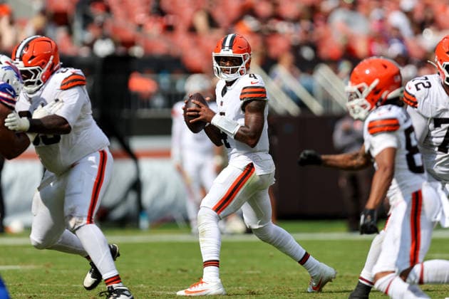 CLEVELAND, OH - AUGUST 22: Cleveland Browns quarterback Deshaun Watson (4) looks to pass during the fourth quarter of the National Football League preseason game between the Buffalo Bills and Cleveland Browns on August 22, 2026, at Huntington Bank Field in Cleveland, OH. (Photo by Frank Jansky Icon Sportswire) NFL, American Football Herren, USA AUG 22 Bills at Browns EDITORIAL USE ONLY Icon260822029
