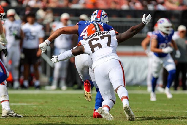 CLEVELAND, OH - AUGUST 22: Cleveland Browns defensive end Jamil Muhammad (67) tackles Buffalo Bills tight end Shane Zylstra (48) during the fourth quarter of the National Football League preseason game between the Buffalo Bills and Cleveland Browns on August 22, 2026, at Huntington Bank Field in Cleveland, OH. (Photo by Frank Jansky Icon Sportswire) NFL, American Football Herren, USA AUG 22 Bills at Browns EDITORIAL USE ONLY Icon260822032
