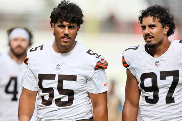 CLEVELAND, OH - AUGUST 22: Cleveland Browns offensive tackle Spencer Fano (55) and Cleveland Browns defensive end Logan Fano (97) leave the field following the National Football League preseason game between the Buffalo Bills and Cleveland Browns on August 22, 2026, at Huntington Bank Field in Cleveland, OH. (Photo by Frank Jansky Icon Sportswire) NFL, American Football Herren, USA AUG 22 Bills at Browns EDITORIAL USE ONLY Icon260822041