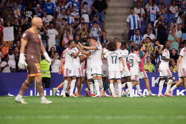 ESP: LaLiga EA Sports RCD Espanyol de Barcelona v Real Madrid Carlos Espi of Real Madrid scores goal and celebrates during LaLiga EA Sports match between RCDE Espanyol de Barcelona v Real Madrid played at RCDE Stadium, Cornella de Llobregat, Barcelona on August 22 2026 in Spain Spain Soccer *** ESP LaLiga EA Sports RCD Espanyol de Barcelona vs. Real Madrid Carlos Espi of Real Madrid scores a goal and celebrates during the LaLiga EA Sports match between RCDE Espanyol de Barcelona and Real Madrid, played at RCDE Stadium in Cornellà de Llobregat, Barcelona, on August 22, 2026, in Spain. Spanish Soccer Copyright: xAgenciaxLOFx