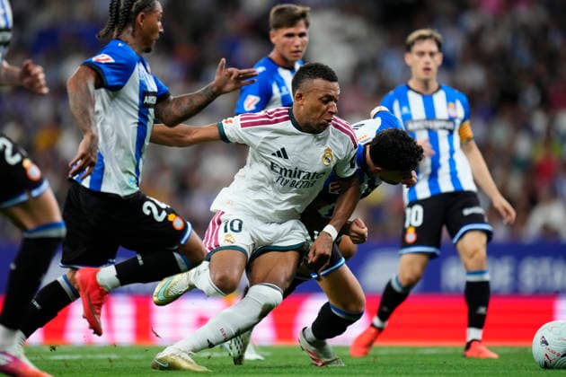 RCD Espanyol de Barcelona v Real Madrid - LaLiga EA Sports 2026 27 Kylian Mbappe centre-forward of Real Madrid and France and Unai Nunez centre-back of Espanyol and Spain compete for the ball during the La Liga EA Sports 2026 27 match between RCD Espanyol de Barcelona and Real Madrid at RCDE Stadium on August 22, 2026 in Barcelona, Spain. Barcelona Spain  Copyright: xJosexBretonx originalFilename:bretonhernandez-rcdespan260822_np6RA.jpg