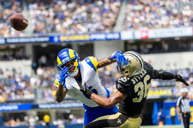 August 22, 2026, Inglewood, California, USA: New Orleans Saints Safety Lorenzo Styles (36) defects a pass intended for Los Angeles Rams Wide Receiver CJ Daniels (6) during an NFL, American Football Herren, USA football preseason game, in Inglewood, Calif. on Saturday August 22, 2026. Inglewood USA - ZUMAc68_ 20260822_zaf_c68_028 Copyright: xRingoxChiux