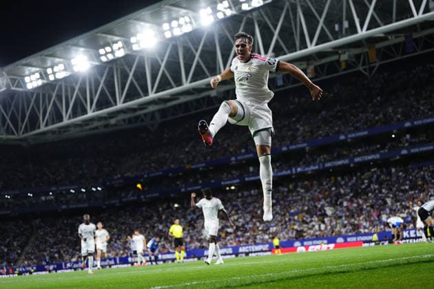 RCD Espanyol v Real Madrid - LaLiga BARCELONA, SPAIN - AUGUST 22: Carlos Espi centre-forward of Real Madrid and Spain celebrates after scoring his sides first goal during the La Liga EA Sports 2026 27 match between RCD Espanyol de Barcelona and Real Madrid at RCDE Stadium on August 22, 2026 in Barcelona, Spain. Jose Hernandez Anadolu Barcelona Spain. Editorial use only. Please get in touch for any other usage.  Copyright: x2026xAnadoluxJosexHernandezx