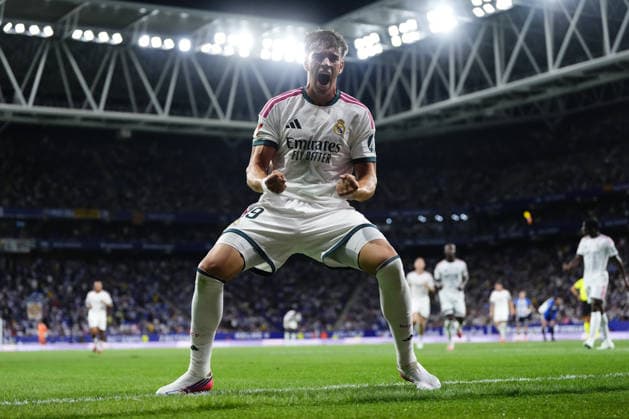 RCD Espanyol v Real Madrid - LaLiga BARCELONA, SPAIN - AUGUST 22: Carlos Espi centre-forward of Real Madrid and Spain celebrates after scoring his sides first goal during the La Liga EA Sports 2026 27 match between RCD Espanyol de Barcelona and Real Madrid at RCDE Stadium on August 22, 2026 in Barcelona, Spain. Jose Hernandez Anadolu Barcelona Spain. Editorial use only. Please get in touch for any other usage.  Copyright: x2026xAnadoluxJosexHernandezx