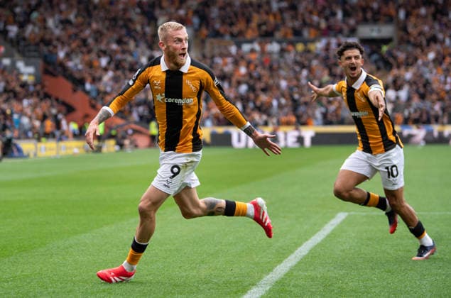 Hull City v Manchester United, ManU - Premier League 2026 27 HULL, ENGLAND - AUGUST 22: Oliver McBurnie and Mohamed Belloumi of Hull City celebrate the first goal during the Premier League 2026 27 match between Hull City and Manchester United at MKM Stadium on August 22, 2026 in Hull, England. ***Local Caption*** Oliver McBurnie; Mohamed Belloumi Hull MKM Stadium England United Kingdom Copyright: xVisionhausx 776515657