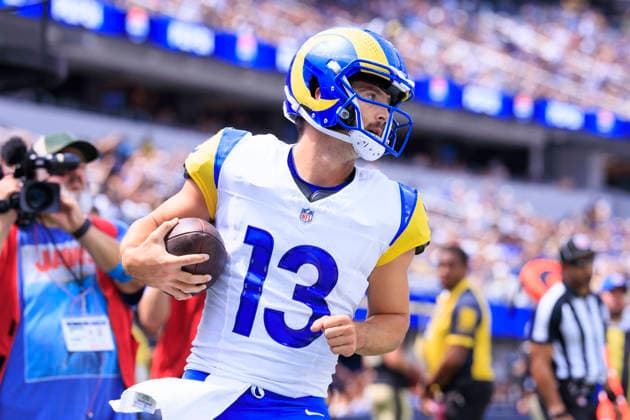 August 22, 2026, Inglewood, California, USA: 13 Stetson Bennett IV, QB of the Los Angeles Rams scores a touchdown during their NFL, American Football Herren, USA preseason game against the New Orleans Saints on Saturday August 22, 2026 at SoFi Stadium in Inglewood, California. ARIANA RUIZ PI Inglewood USA - ZUMAp124 20260822_zaa_p124_024 Copyright: xArianaxRuizx