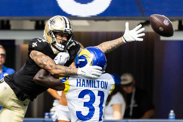 August 22, 2026, Inglewood, California, USA: Los Angeles Rams Cornerback Al Zillion AZ Hamilton (31) defects a pass intended for New Orleans Saints Wide Receiver Ronnie Bell (11) during an NFL, American Football Herren, USA football preseason game, in Inglewood, Calif. on Saturday August 22, 2026. Inglewood USA - ZUMAc68_ 20260822_zaf_c68_037 Copyright: xRingoxChiux
