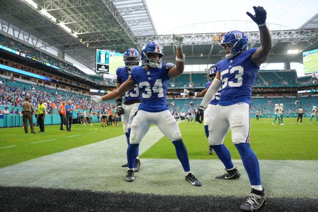 MIAMI GARDENS, FL - AUGUST 22: New York Giants kicker Dominic Zvada (34) and New York Giants linebacker Darius Muasau (53) celebrate a fumble recovery in the second half during the preseason NFL, American Football Herren, USA game between the New York Giants and the Miami Dolphins on Saturday, August 22, 2026 at Hard Rock Stadium in Miami, FL (Photo by Peter Joneleit Icon Sportswire) NFL: AUG 22 Giants at Dolphins EDITORIAL USE ONLY Icon260822006