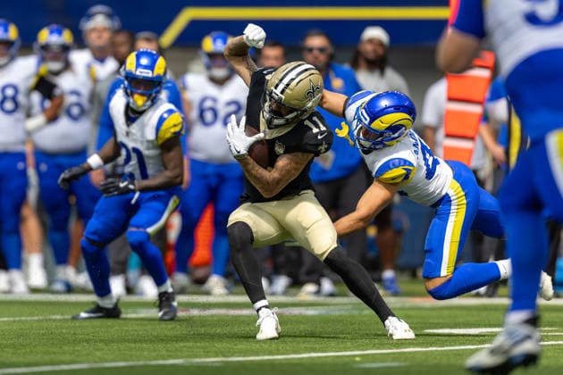 INGLEWOOD, CA - AUGUST 22: Ronnie Bell 11 of the New Orleans Saints carries the ball during an NFL, American Football Herren, USA preseason game between the New Orleans Saints and the Los Angeles Rams on August 22, 2026, at SoFi Stadium in Inglewood, California. (Photo by Greg Fiore Icon Sportswire) NFL: AUG 22 Saints at Rams EDITORIAL USE ONLY Icon2608221492