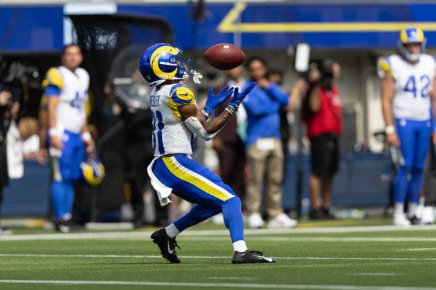 INGLEWOOD, CA - AUGUST 22: Brennan Presley 81 of the Los Angeles Rams catches the ball for a punt return in the second half of an NFL, American Football Herren, USA preseason game between the New Orleans Saints and the Los Angeles Rams on August 22, 2026, at SoFi Stadium in Inglewood, California. (Photo by Greg Fiore Icon Sportswire) NFL: AUG 22 Saints at Rams EDITORIAL USE ONLY Icon2608221710