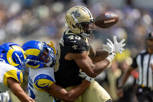 INGLEWOOD, CA - AUGUST 22: CJ Donaldson 43 of the New Orleans Saints fumbles the ball as Nyzier Fourqurean 25 of the Los Angeles Rams tackles during an NFL, American Football Herren, USA preseason game between the New Orleans Saints and the Los Angeles Rams on August 22, 2026, at SoFi Stadium in Inglewood, California. (Photo by Greg Fiore Icon Sportswire) NFL: AUG 22 Saints at Rams EDITORIAL USE ONLY Icon2608221939