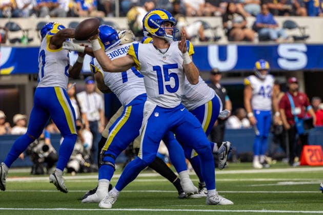 INGLEWOOD, CA - AUGUST 22: Ty Simpson 15 of the Los Angeles Rams prepares to pass the ball during an NFL, American Football Herren, USA preseason game between the New Orleans Saints and the Los Angeles Rams on August 22, 2026, at SoFi Stadium in Inglewood, California. (Photo by Greg Fiore Icon Sportswire) NFL: AUG 22 Saints at Rams EDITORIAL USE ONLY Icon2608222030