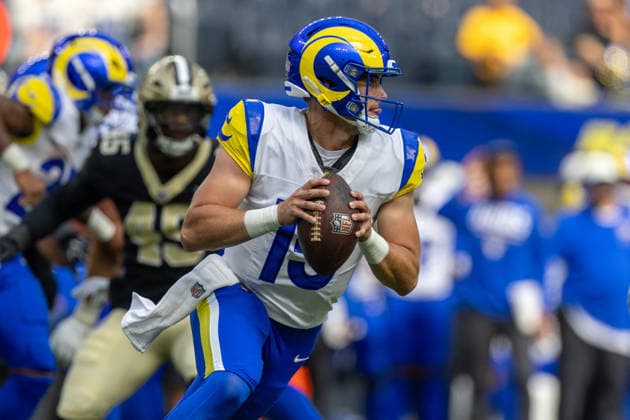 INGLEWOOD, CA - AUGUST 22: Ty Simpson 15 of the Los Angeles Rams prepares to pass the ball during an NFL, American Football Herren, USA preseason game between the New Orleans Saints and the Los Angeles Rams on August 22, 2026, at SoFi Stadium in Inglewood, California. (Photo by Greg Fiore Icon Sportswire) NFL: AUG 22 Saints at Rams EDITORIAL USE ONLY Icon2608222048