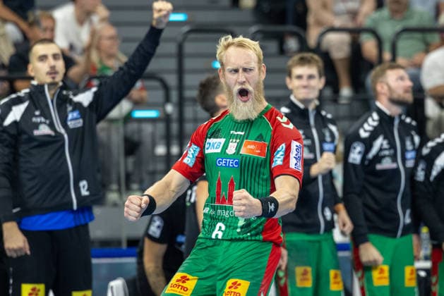 Jubel, Celebration, Freude, Emotion, Feier Matthias Musche (SC Magdeburg, 06), SC Magdeburg vs. Füchse Berlin, Handball, HBL, REXEL SUPER CUP, 2026, 22.08.2026 Munich SAP Garden Germany Copyright: xPFA BjörnxKeckerx