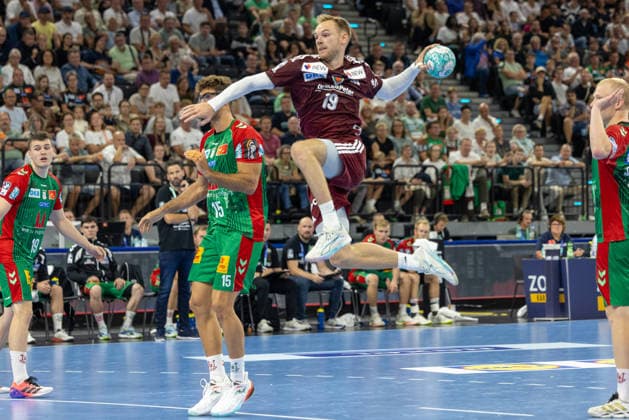 Shot on goal by Mathias Gidsel (Füchse Berlin, 19), SC Magdeburg vs. Füchse Berlin, Handball, HBL, REXEL SUPER CUP, 2026, 22.08.2026 Munich SAP Garden Germany Copyright: xPFA BjörnxKeckerx