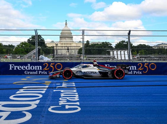 Andretti Global driver Marcus Ericsson (28) of Sweden passes the starting line during qualifying for the Freedom 250 Grand Prix IndyCar, Indy Car, IRL, USA Series race in Washington, DC, on Saturday, August 22, 2026. The IndyCar Series event is scheduled for Sunday, August 23, 2026.  WAP20260822506 DAVIDxTULIS