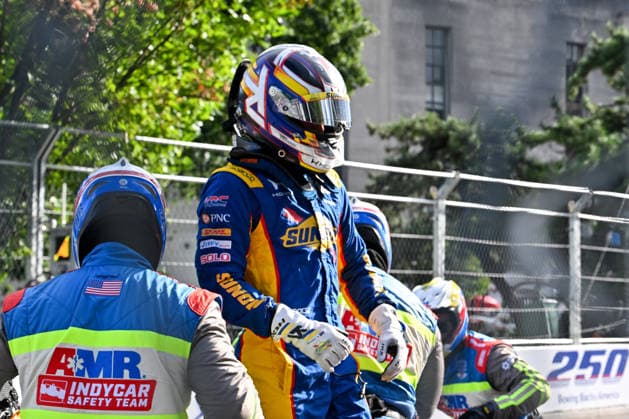 Chip Ganassi driver Racing Kyffin Simpson (8) of Cayman Islands reacts after spinning out during qualifying for the Freedom 250 Grand Prix in Washington, DC, on Saturday, August 22, 2026. The IndyCar, Indy Car, IRL, USA Series event is scheduled for Sunday, August 23, 2026.  WAP20260822519 DAVIDxTULIS