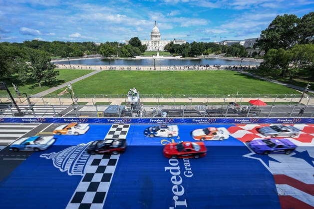 International Race of Champions (IROC) drivers pass the starting line during the first of two races on a seven turn, 1.7-mile race track through the streets surrounding the National Mall and other landmarks in Washington, DC, on Saturday, August 22, 2026. The Freedom 250 Grand Prix IndyCar, Indy Car, IRL, USA Series event is scheduled for Sunday, August 23, 2026.  WAP20260822503 DAVIDxTULIS