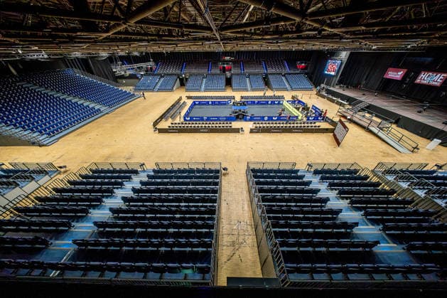 22.08.2026, xkkux, Tischtennis, TTBL, Borussia Düsseldorf - TSV Bad Königshofen, Saison 2026 2027, 2. Spieltag, ARAG Centercourt Düsseldorf: Innenansicht Halle Spielstätte Tischtennishalle leer Innen Zuschauerränge Nordrhein-Westfalen Deutschland *** August 22, 2026, xkkux, Table Tennis, TTBL, Borussia Düsseldorf vs. TSV Bad Königshofen, 2026–2027 Season, Match Day 2, ARAG Centercourt Düsseldorf, interior view of the hall, venue, empty table tennis hall, interior, spectator stands, North Rhine-Westphalia, Germany