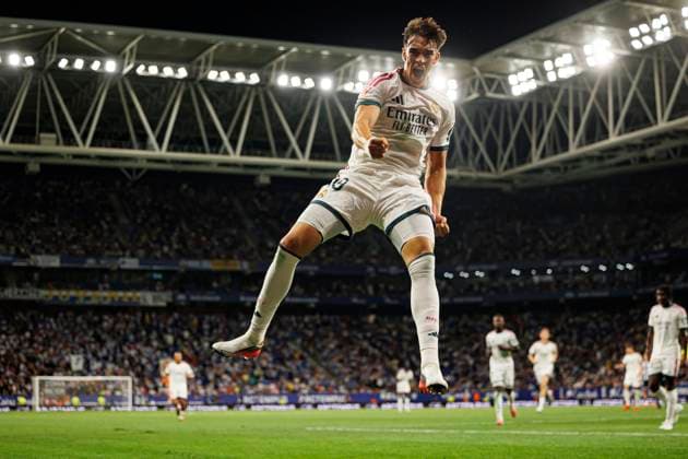 August 22, 2026, Barcelona, Spain: Carlos EspoÂ­ Escrihuela (Real Madrid FC) seen in action celebrating after scoring goal during LaLiga EASPORTS 2026 2027 game between teams of RCD Espanyol de Barcelona and Real Madrid FC.Real Madrid secured a dramatic 2-1 away victory over Espanyol in LaLiga, with EspoÂ­ scoring the winning goal in the 90th minute. Jude Bellingham had opened the scoring early before Cala equalised for Espanyol in the first half, as Joso Mourinho marked his return to the Real Madrid bench with a late win.....Final score - RCD Espanyol 1:2 Real Madrid FC Barcelona Spain - ZUMAs197 20260822_aaa_s197_253 Copyright: xMaciejxRogowskix