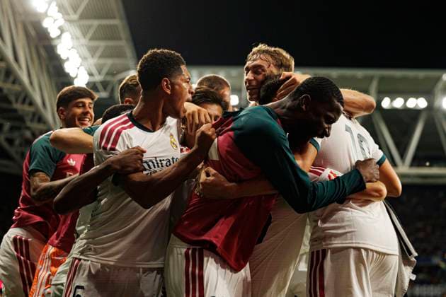 August 22, 2026, Barcelona, Spain: Players of Real Madrid seen in action celebrating after goal from Carlos EspoÂ­ Escrihuela during LaLiga EASPORTS 2026 2027 game between teams of RCD Espanyol de Barcelona and Real Madrid FC.Real Madrid secured a dramatic 2-1 away victory over Espanyol in LaLiga, with EspoÂ­ scoring the winning goal in the 90th minute. Jude Bellingham had opened the scoring early before Cala equalised for Espanyol in the first half, as Joso Mourinho marked his return to the Real Madrid bench with a late win.....Final score - RCD Espanyol 1:2 Real Madrid FC Barcelona Spain - ZUMAs197 20260822_aaa_s197_250 Copyright: xMaciejxRogowskix