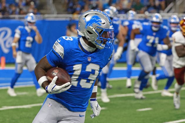 Washington Commanders vs Detroit Lions DETROIT,MICHIGAN-AUGUST 22: Wide receiver Jackson Meeks 13 of the Detroit Lions runs the ball during the first half of an NFL, American Football Herren, USA preseason football game between the Washington Commanders and the Detroit Lions in Detroit, Michigan USA, on Saturday, August 22, 2026 Detroit Michigan United States  Copyright: xJorgexLemusx originalFilename:lemus-washingt260822_npkgT.jpg