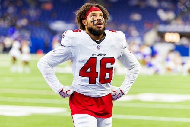 Aug 22, 2026; Indianapolis, Indiana, USA; Atlanta Falcons linebacker Josh Woods (46) during pregame against the Indianapolis Colts at Lucas Oil Stadium. Mandatory Credit: -Cal Media - ZUMAc04_ 20260822_zma_c04_312 Copyright: xJohnxMersitsx