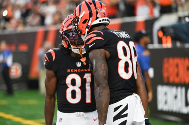 August 22, 2026: Cincinnati Bengals wide receiver Colbie Young (86) celebrates his touchdown in the 2nd quarter against the Chicago Bears with Cincinnati Bengals wide receiver Dohnte Meyers (81) in their game in Cincinnati, Ohio. Cal Media Cincinnati USA - ZUMAc04_ 20260822_zma_c04_306 Copyright: xBrentxClarkx