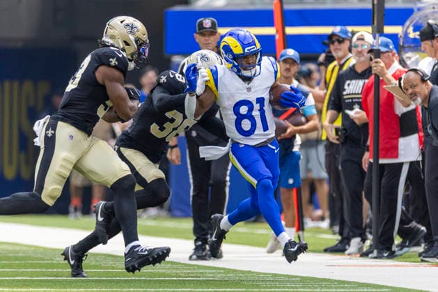 August 22, 2026, Inglewood, California, USA: Los Angeles Rams Wide Receiver Brennan Presley (81) runs the ball fighting off pressure from New Orleans Saints Cornerback Jayden Price (38) during an NFL, American Football Herren, USA football preseason game, in Inglewood, Calif. on Saturday August 22, 2026. Inglewood USA - ZUMAc68_ 20260822_zaf_c68_046 Copyright: xRingoxChiux