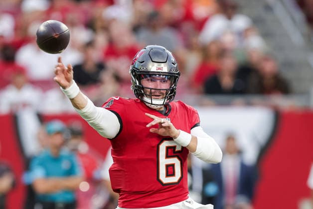 Aug 22, 2026; Tampa, Florida, USA; Tampa Bay Buccaneers quarterback Baker Mayfield (6) throws a pass during an NFL, American Football Herren, USA game between the Kansas City Chiefs and Tampa Bay Buccaneers at Raymond James Stadium in Tampa, Florida. Mandatory Credit: Taylor McFee-Cal Media Tampa USA - ZUMAc04_ 20260822_zma_c04_329 Copyright: xTaylorxMcfeex